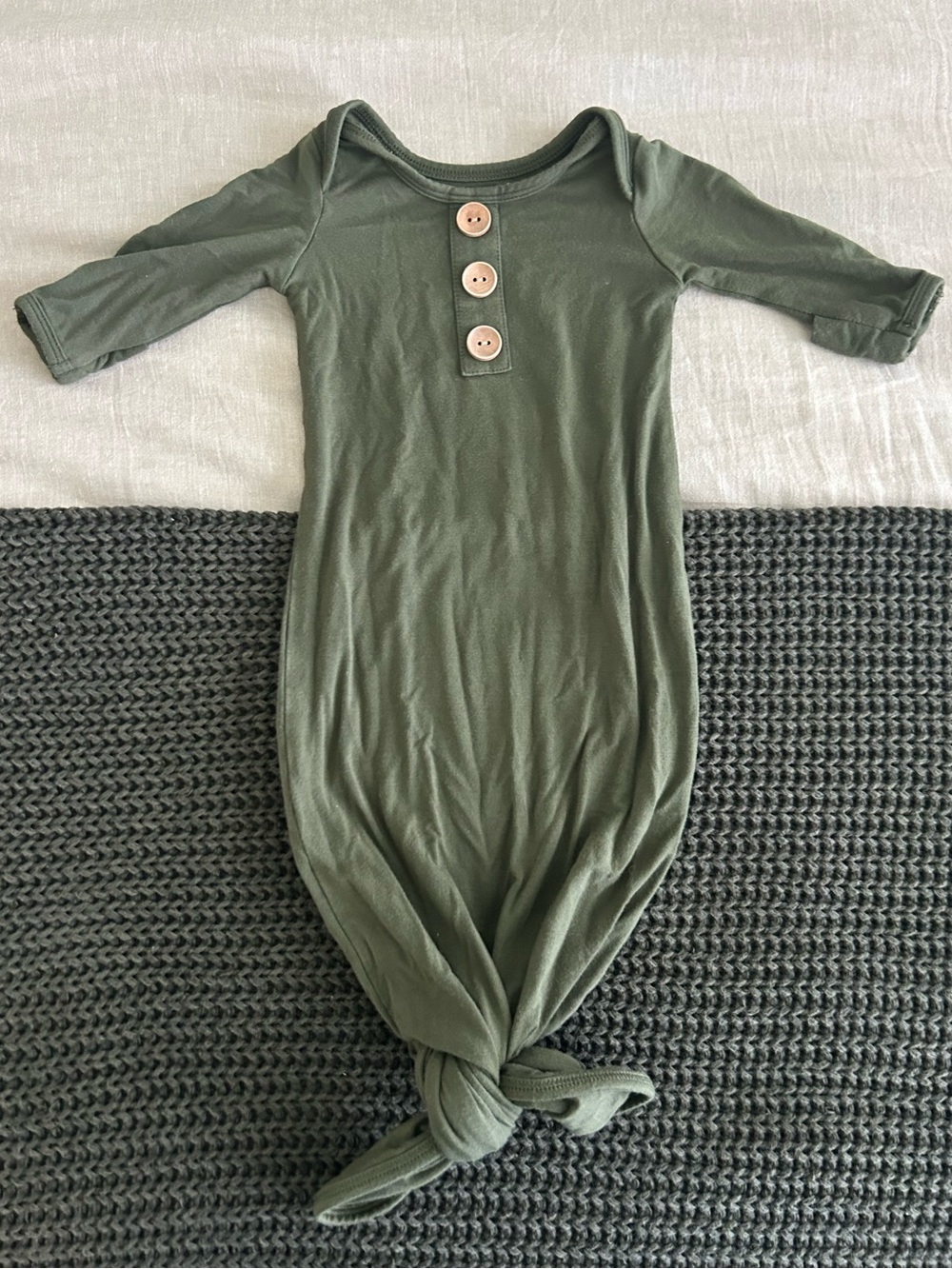 Caden Lane Olive Green Knotted Baby Gown with Button Front